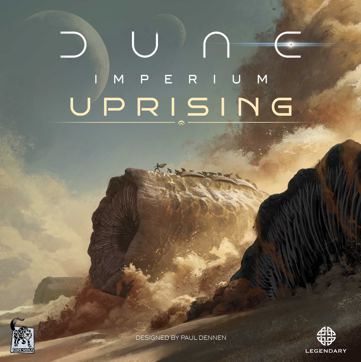 Dune: Imperium - Uprising digital: Coverbild der Brettspielausgabe von Paul Dennen mit Sandwurm-Motiv und Arrakis-Landschaft
