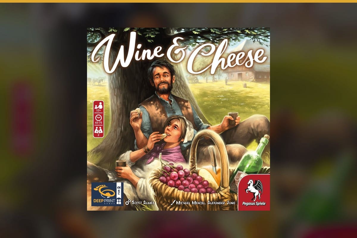 Beitragsbild Wine und Cheese: Cover-Illustration eines Paares beim Picknick mit Wein, Käse und Trauben unter einem Baum, auf navyfarbenem Hausstil-Hintergrund mit Goldlinie.