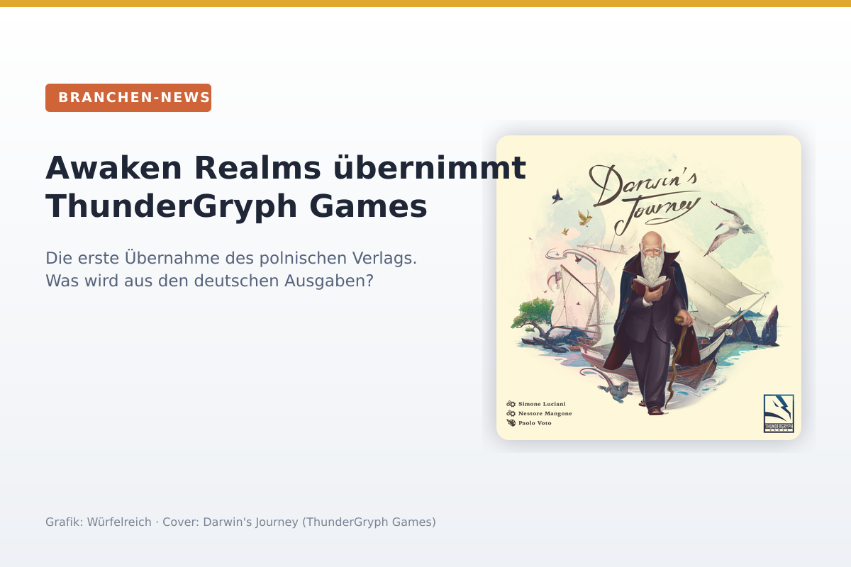 Helle Hausstil-Grafik: links das Label Branchen-News und die Schlagzeile Awaken Realms übernimmt ThunderGryph Games, rechts das Cover von Darwin's Journey auf weißem Hintergrund.