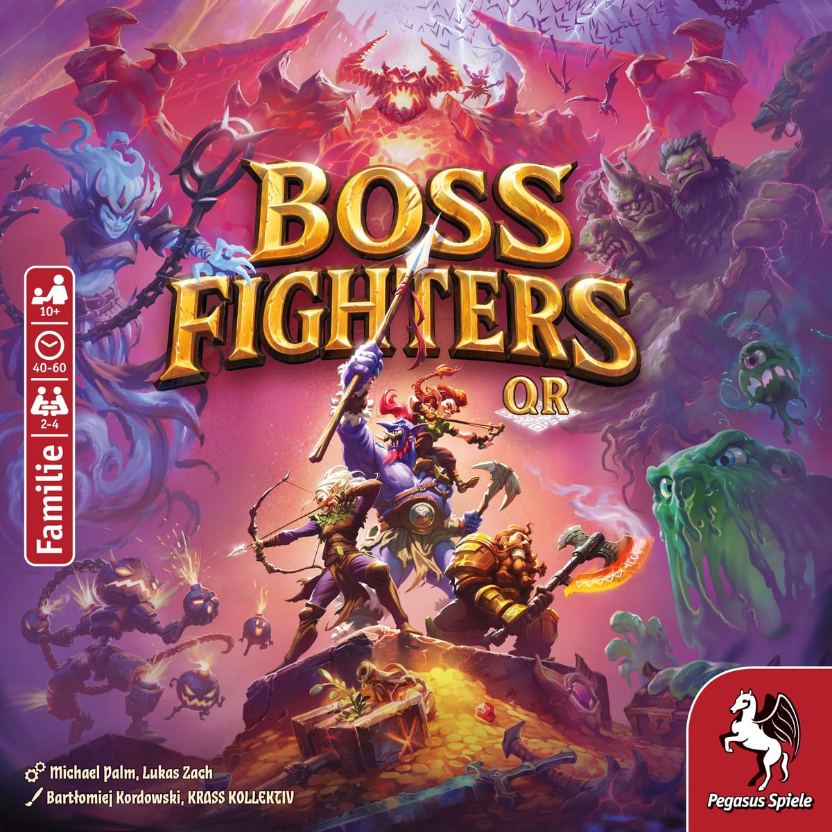 Boxcover von Boss Fighters QR (Pegasus Spiele): eine Gruppe Fantasy-Helden kämpft gegen zahlreiche bunte Boss-Monster, darüber der goldene Titel-Schriftzug.