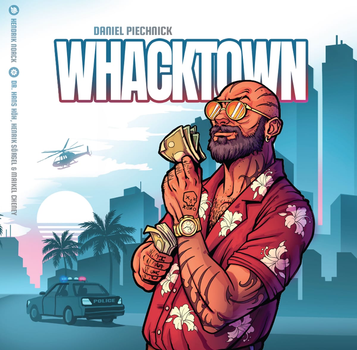 Whacktown von Funtails: Cover des Take-That-Kartenspiels im Neon-Gangster-Look