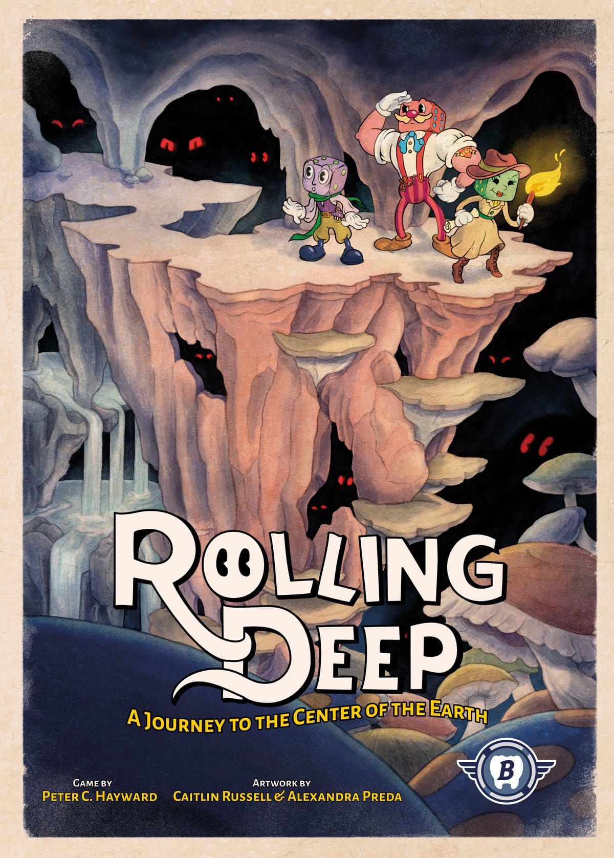 Rolling Deep: Coverbild mit drei Würfelkopf-Helden auf einem Felsvorsprung in einer dunklen Höhle, im Hintergrund glühende rote Augen, Solo-Würfel-Roguelike von Bitewing Games