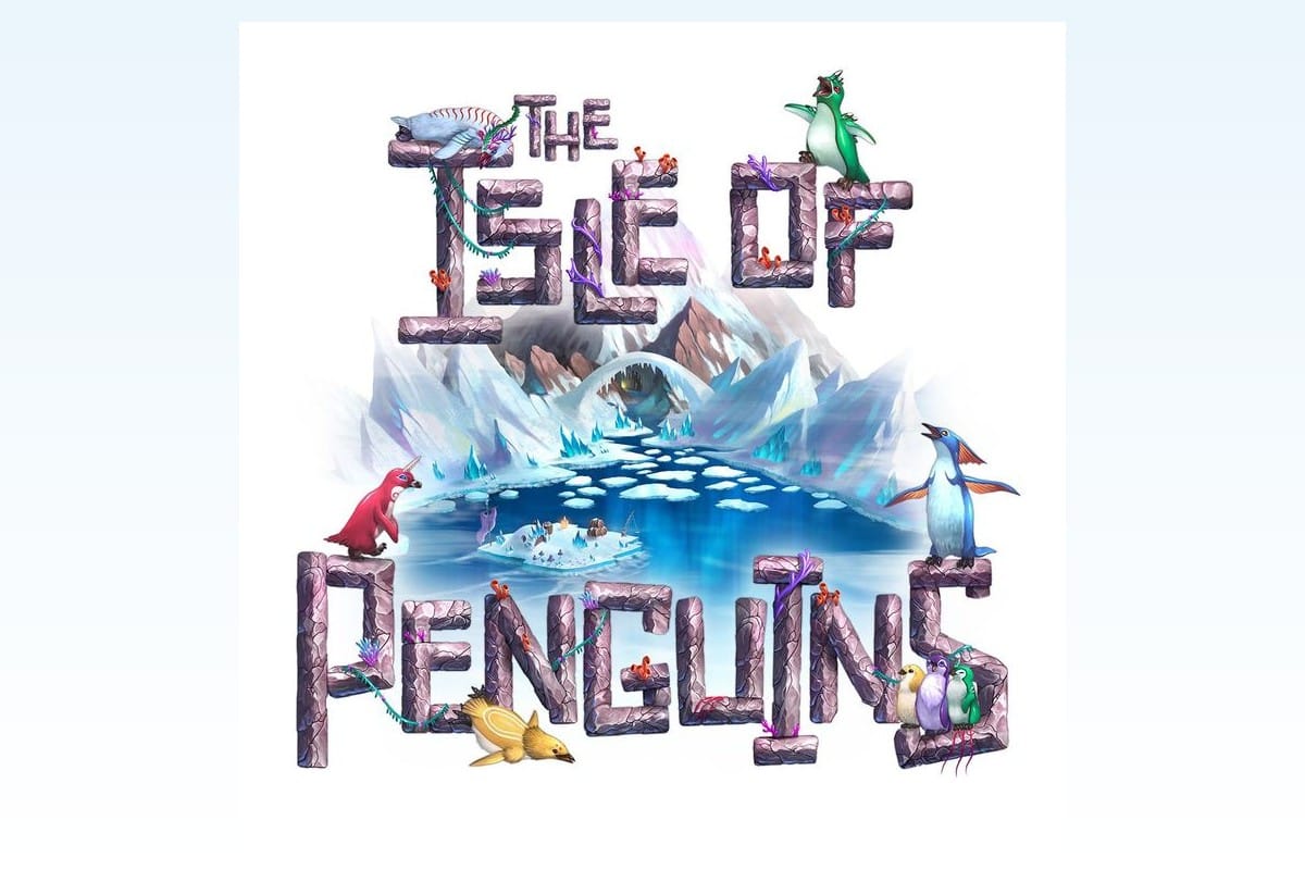 Key-Art zu The Isle of Penguins: eine verschneite Insel mit gefrorenem See und bunten Pinguin-Figuren.