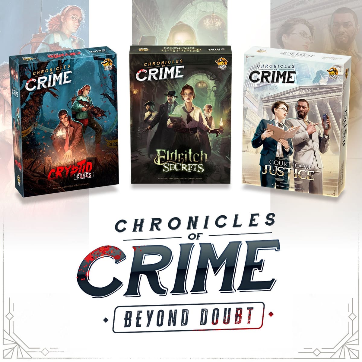 Chronicles of Crime: Beyond Doubt: Key-Art der drei Boxen Cryptid Cases, Eldritch Secrets und Courtroom Justice