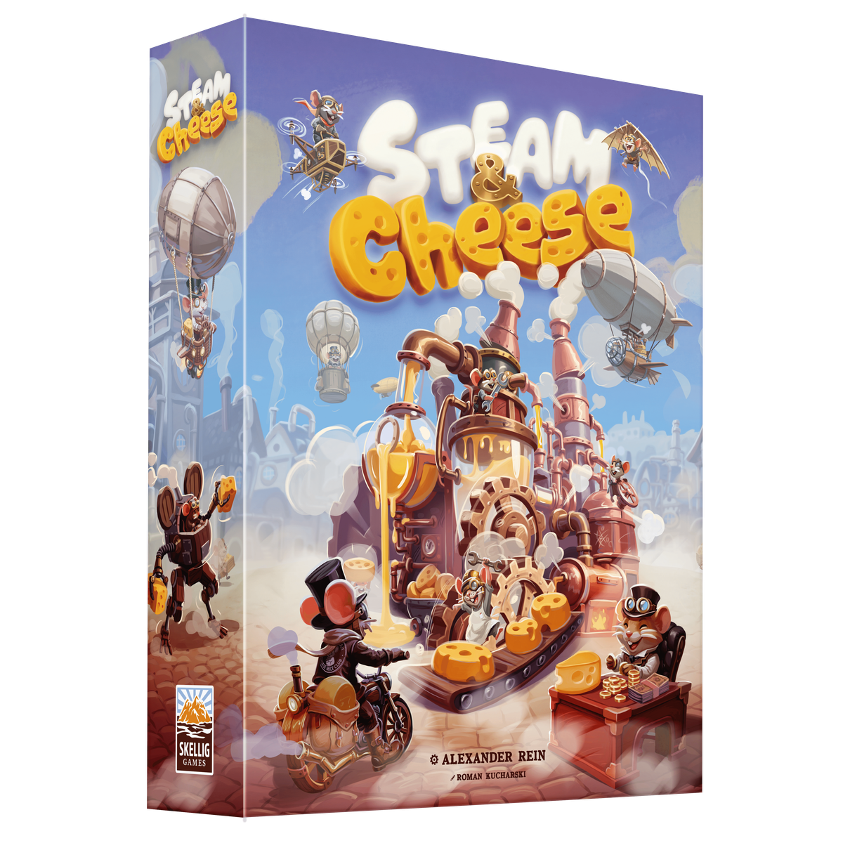 Spielschachtel von Steam & Cheese (Skellig Games): steampunk-artige Käsefabrik mit Zeppelinen und Maus-Figuren auf hellem Hintergrund.