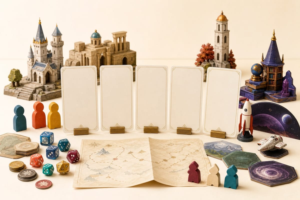 Helle Tabletop-Szene mit Würfeln, Spielfiguren, Karten und Miniaturkulissen zur Crowdfunding-Wochenschau