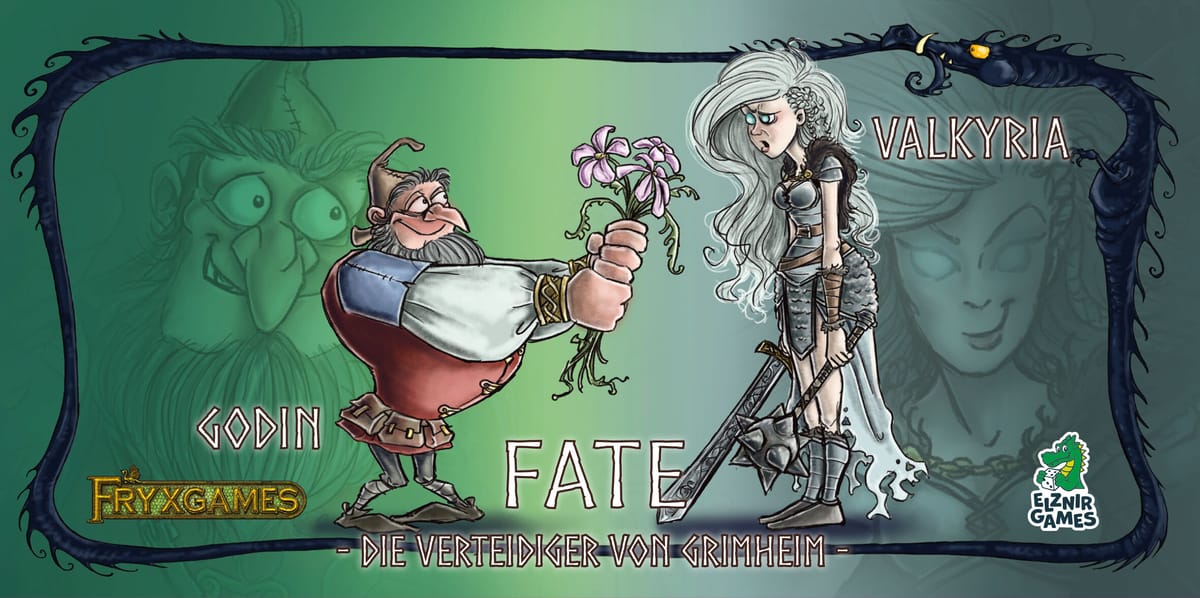 Cover-Art der Fate Erweiterung Valkyria und Godin: Kriegerin Valkyria mit Schwert und Braumeister Godin mit Blumenstrauss vor gruenem Rahmen mit Drachenmotiv, Logos FryxGames und Elznir Games