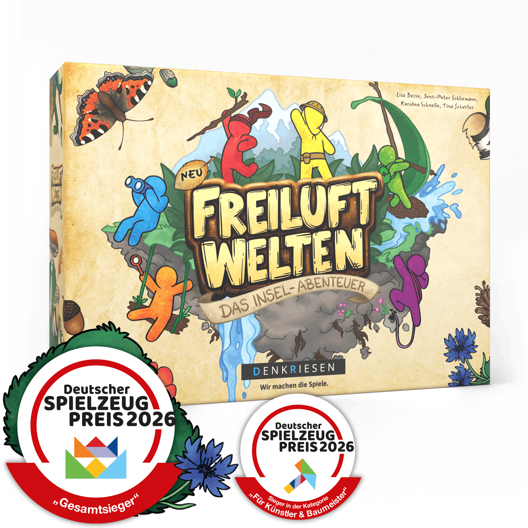 Verpackung von Freiluftwelten, Das Inselabenteuer (Denkriesen), mit den Siegel-Grafiken „Deutscher Spielzeugpreis 2026 Gesamtsieger“ und „Sieger in der Kategorie Für Künstler und Baumeister“