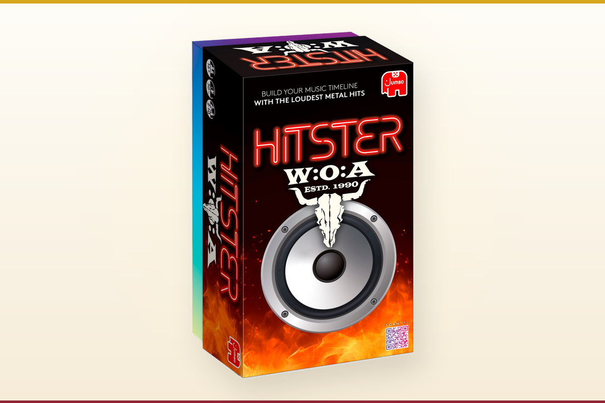 Spielschachtel der Hitster Wacken Edition von Jumbo mit Totenschädel-Logo und Lautsprecher-Motiv auf hellem Hintergrund