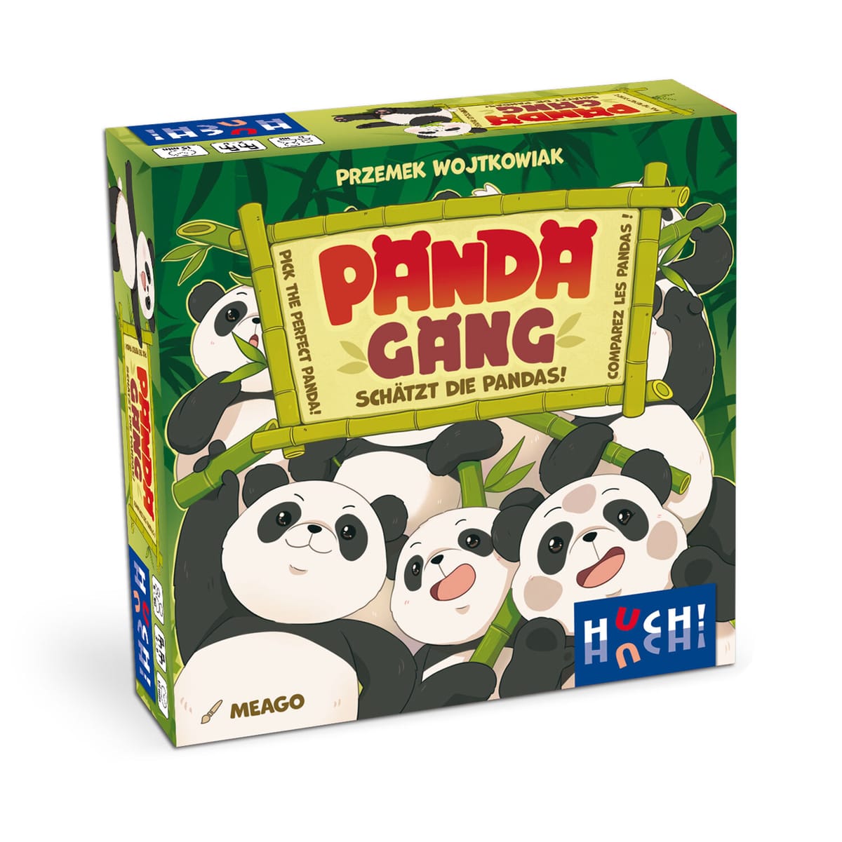Verpackung von Panda Gang (HUCH!): Cartoon-Pandas mit Bambusrahmen und Schriftzug „Pick the perfect Panda“