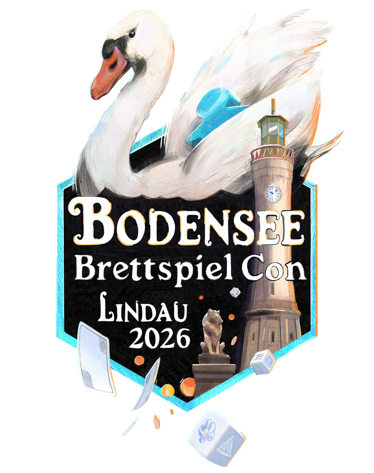 Logo der Bodensee Brettspiel Con Lindau 2026 mit Schwan und Lindauer Leuchtturm