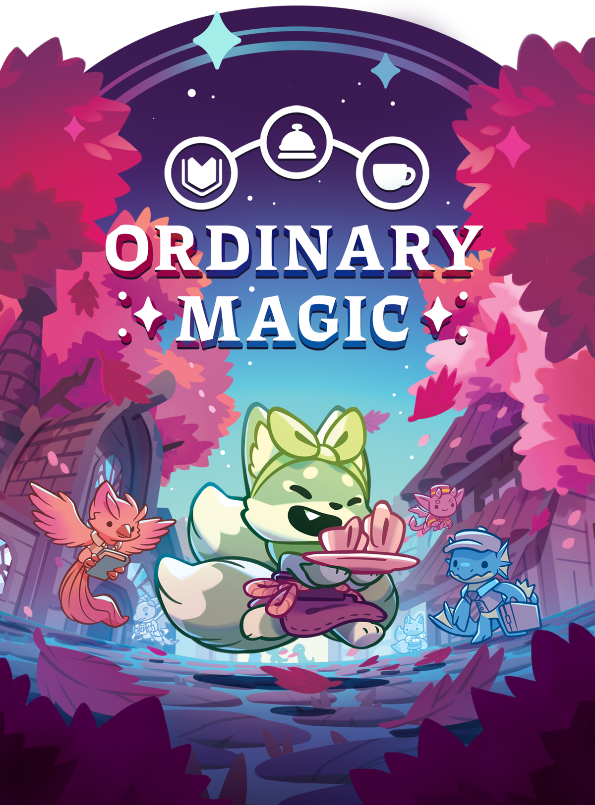 Key-Art zur Ordinary-Magic-Kampagne mit Logo-Schriftzug und den drei Maskottchen aus Bookshop, Café und Fahrstuhl-Welt