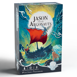 Box-Cover von „Jason and the Argonauts: A Solo Quest Worthy of Legends" (Envy Born Games), Solo-Boss-Battler auf Backerkit.