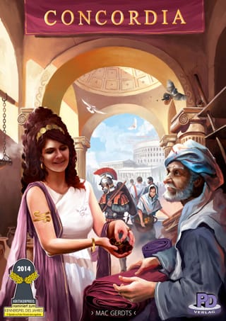 Cover der Brettspielschachtel Concordia: römische Händlerin in weißer Toga tauscht Waren mit einem Kaufmann im blauen Turban, dahinter Soldat, Säulenhalle und Amphitheater.