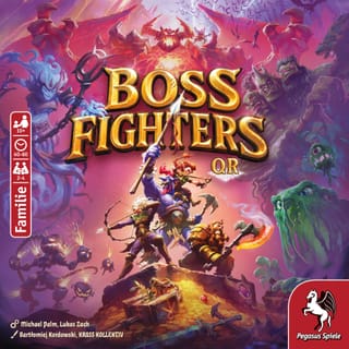 Boxcover von Boss Fighters QR (Pegasus Spiele): eine Gruppe Fantasy-Helden kämpft gegen zahlreiche bunte Boss-Monster, darüber der goldene Titel-Schriftzug.