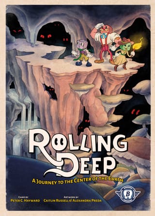 Rolling Deep: Coverbild mit drei Würfelkopf-Helden auf einem Felsvorsprung in einer dunklen Höhle, im Hintergrund glühende rote Augen, Solo-Würfel-Roguelike von Bitewing Games