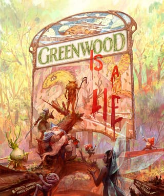 Coverartwork des Kennerspiels Greenwood (Feuerland Spiele): Druide, Urgeister und ein Schlangenwesen im mystischen Wald mit dem Titelschriftzug Greenwood is a lie.