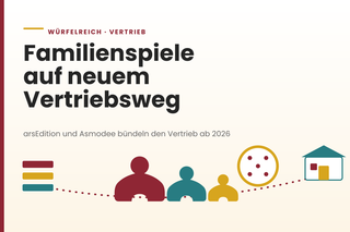 Helle Vektorgrafik: gepunktete Vertriebslinie von einem Bücherstapel über Spielfiguren und Würfel zu einem Ladengebäude.