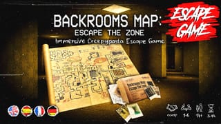 Kampagnenmotiv von Backrooms Map: Escape the Zone mit gezeichneter Labyrinthkarte, Spielmaterial und Eckdaten