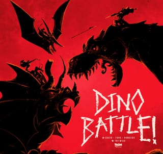 Dino Battle, dramatisches Cover der Neuauflage von Rebellion Unplugged mit dinosaurierreitenden Kriegern vor rotem Himmel