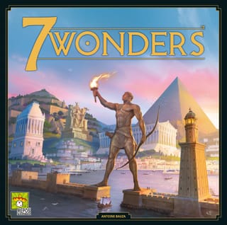 Cover-Illustration von 7 Wonders (Zweite Edition): antike Weltwunder-Szene mit Bauwerken in warmen Farbtönen
