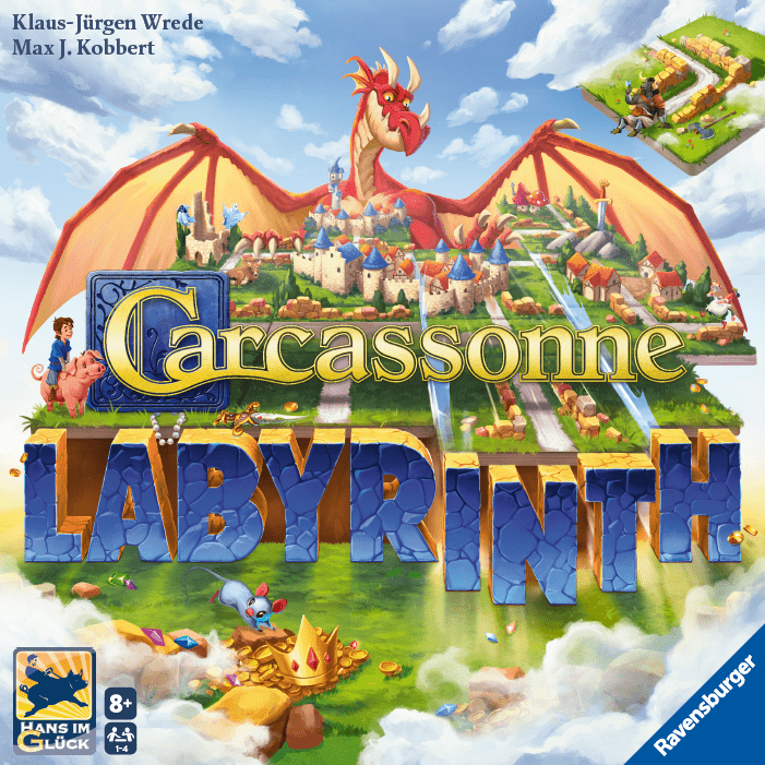 Spielschachtel von Carcassonne Labyrinth: roter Drache mit ausgebreiteten Flügeln über einer Landschaft aus Burgen und Wegen, darunter der Titel-Schriftzug und das Ravensburger-Logo.