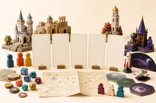Helle Tabletop-Szene mit Würfeln, Spielfiguren, Karten und Miniaturkulissen zur Crowdfunding-Wochenschau
