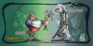 Cover-Art der Fate Erweiterung Valkyria und Godin: Kriegerin Valkyria mit Schwert und Braumeister Godin mit Blumenstrauss vor gruenem Rahmen mit Drachenmotiv, Logos FryxGames und Elznir Games