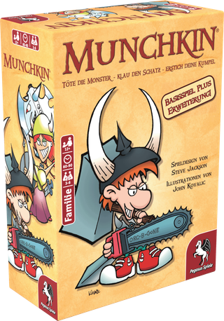 Verpackung von Munchkin 1+2 (Pegasus Spiele): Cartoon-Illustration kämpfender Fantasy-Figuren