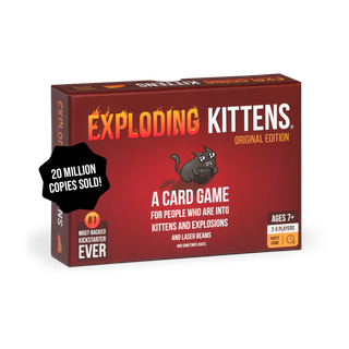 Verpackung von Exploding Kittens, Original Edition: dunkelrote Spielschachtel mit Comic-Katze und Granate