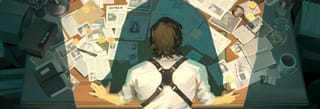 Bannermotiv zu Storyfold: Buried Truths (Board Game Circus): Figur über verstreuten Akten gebeugt