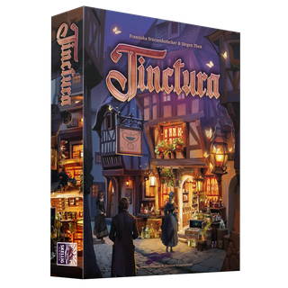 Verpackung von Tinctura (Skellig Games): 3D-Schachtel mit Illustration einer beleuchteten Apotheke in einer historischen Altstadtgasse