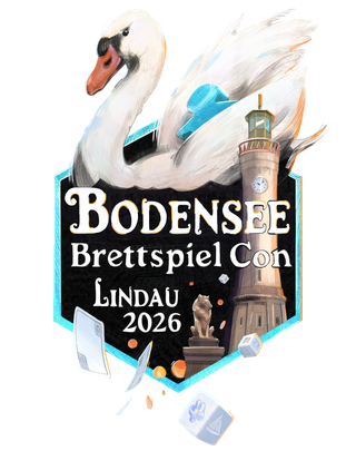 Logo der Bodensee Brettspiel Con Lindau 2026 mit Schwan und Lindauer Leuchtturm