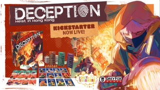 Kampagnen-Key-Art von Deception: Heist in Hong Kong mit Spielschachtel und Charakterkunst