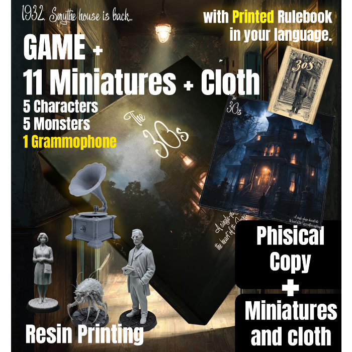 The 30s FULL SET: physisches Material der Gamefound-Kampagne von Darkkena mit Miniaturen, Karten und Stoff-Spielmatte