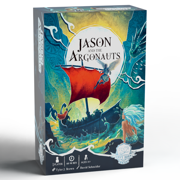 Box-Cover von „Jason and the Argonauts: A Solo Quest Worthy of Legends" (Envy Born Games), Solo-Boss-Battler auf Backerkit.