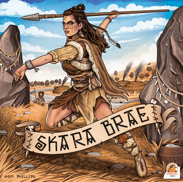 Skara Brae Brettspiel: Cover der Garphill-Ausgabe mit neolithischer Siedlung auf den Orkney-Inseln