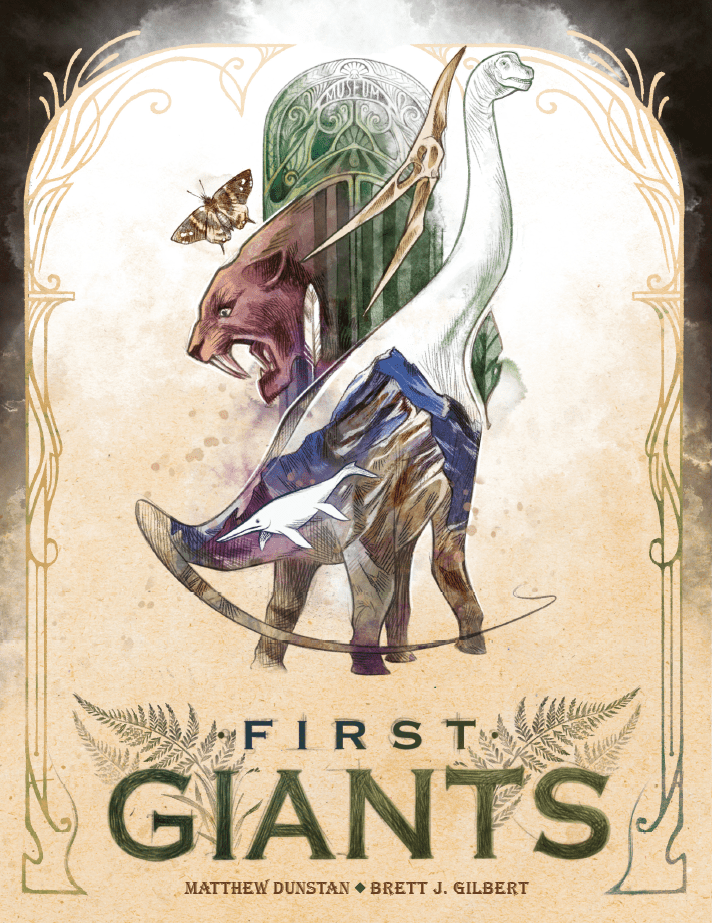 Cover-Artwork von First Giants: stilisierte Urzeitriesen in einer Museumsvitrine