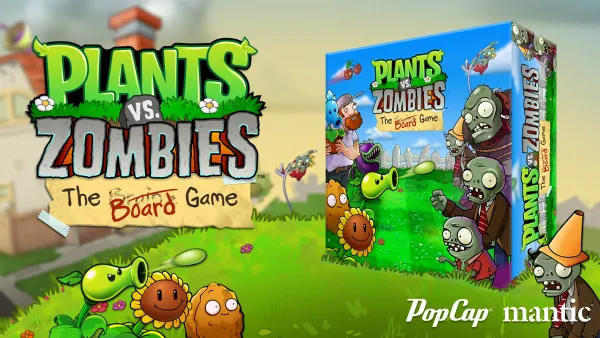 Offizielles Schlüsselbild zu Plants vs. Zombies The Board Game von Mantic Games mit vormontierten Miniaturen von Peashooter, Wall-nut und Venus Fly Trap gegen anrückende Zombies.