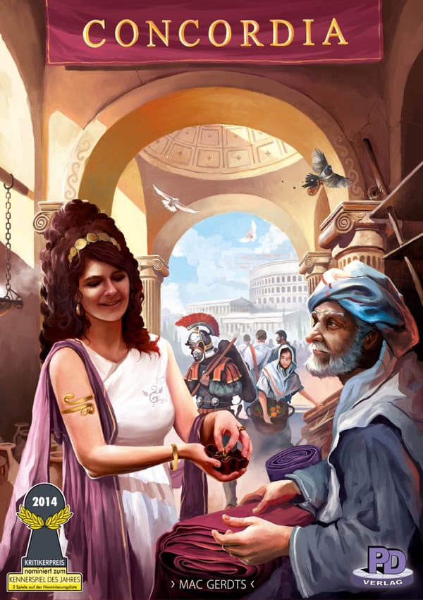 Cover der Brettspielschachtel Concordia: römische Händlerin in weißer Toga tauscht Waren mit einem Kaufmann im blauen Turban, dahinter Soldat, Säulenhalle und Amphitheater.