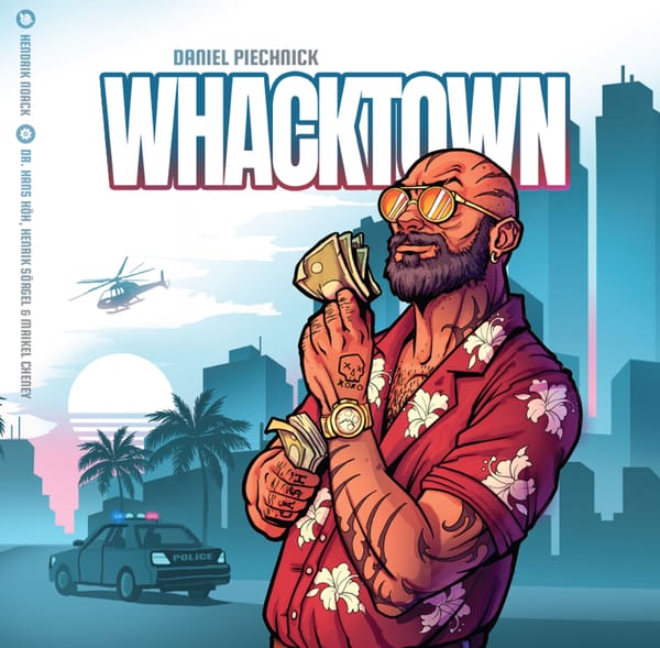 Whacktown von Funtails: Cover des Take-That-Kartenspiels im Neon-Gangster-Look