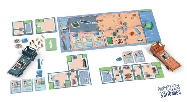 Aufgebautes Spielmaterial von Rooms & Roomies mit Spielplan, zwei Umzugs-Lastwagen, Raum-Plättchen sowie Charakter- und Auftragskarten.