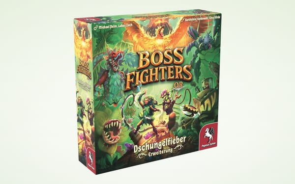 3D-Schachtel der Erweiterung „Boss Fighters QR: Dschungelfieber“ vor hellem Hintergrund, mit Dschungelmotiv, Helden und Bossmonstern