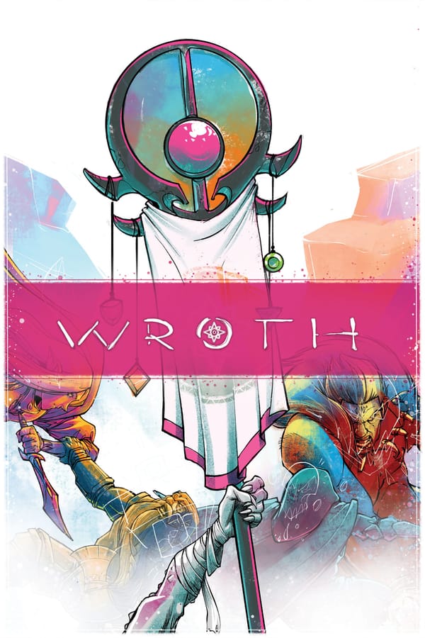 Cover der englischen Ausgabe von Wroth mit dem Spieltitel vor einer farbigen Fantasy-Landschaft.