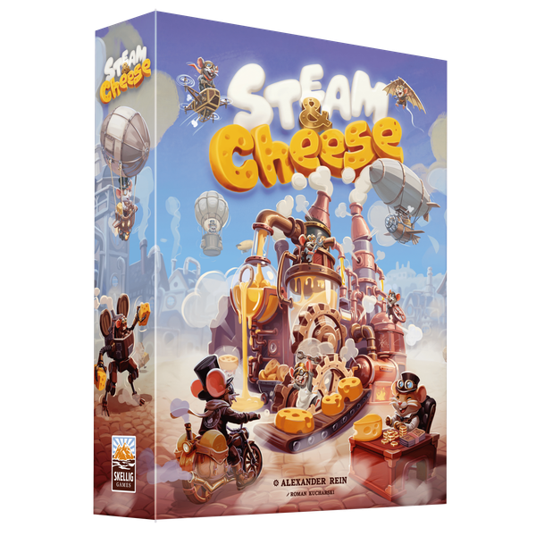 Spielschachtel von Steam & Cheese (Skellig Games): steampunk-artige Käsefabrik mit Zeppelinen und Maus-Figuren auf hellem Hintergrund.