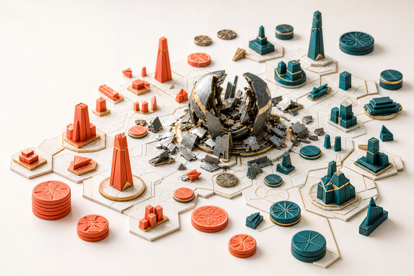 Korallfarbene und petrolblaue Spielsteine umringen ein zerbrochenes Metallobjekt auf einem hellen Spielplan.