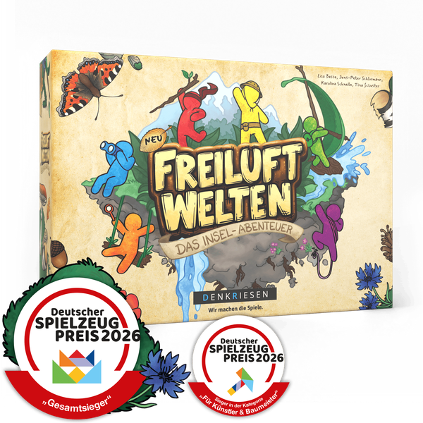 Verpackung von Freiluftwelten, Das Inselabenteuer (Denkriesen), mit den Siegel-Grafiken „Deutscher Spielzeugpreis 2026 Gesamtsieger“ und „Sieger in der Kategorie Für Künstler und Baumeister“