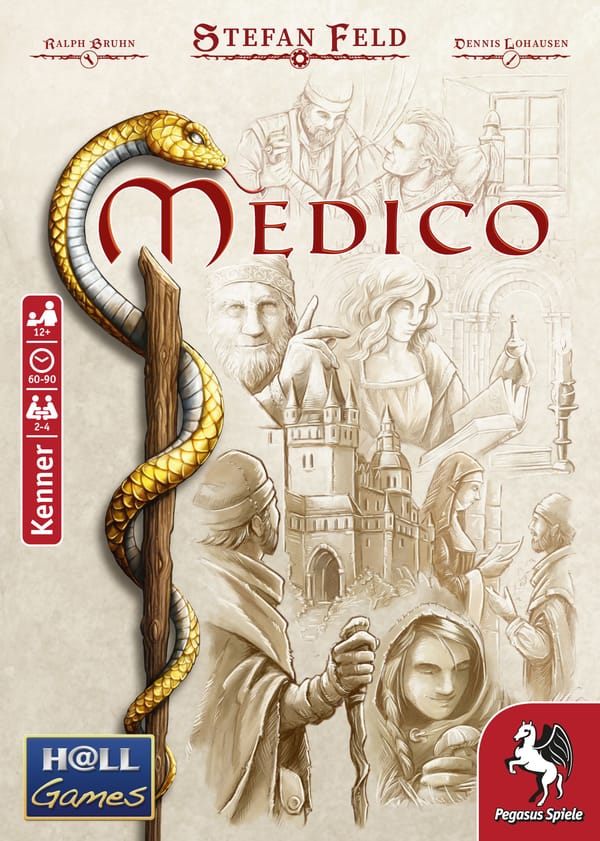 Boxcover von Medico, Pick-up-and-Deliver-Spiel von Stefan Feld bei Hall Games und Pegasus Spiele