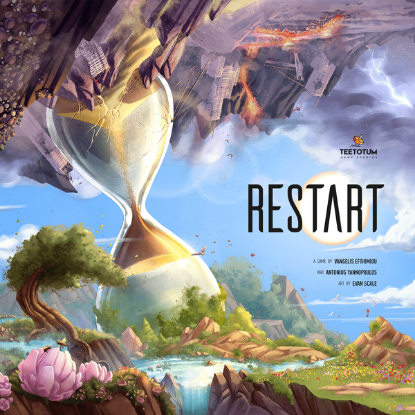 Offizielles Cover des Brettspiels Restart: eine riesige Sanduhr zwischen einer zerfallenden Stadt oben und einer blühenden Landschaft unten, daneben der Titel Restart und das Teetotum-Logo.