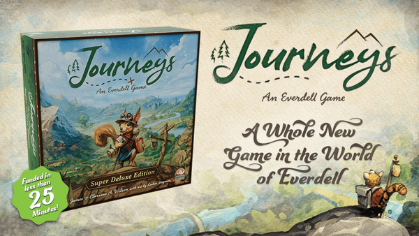 Key-Art zur Everdell-Journeys-Kampagne mit Verpackung der Super-Deluxe-Edition